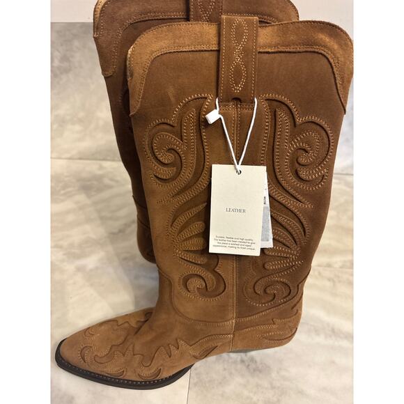 Mango MNG Women’s Leather Cowboy Boots Cutouts Brown Block Heel Size 7.5 New - Picture 7 of 10